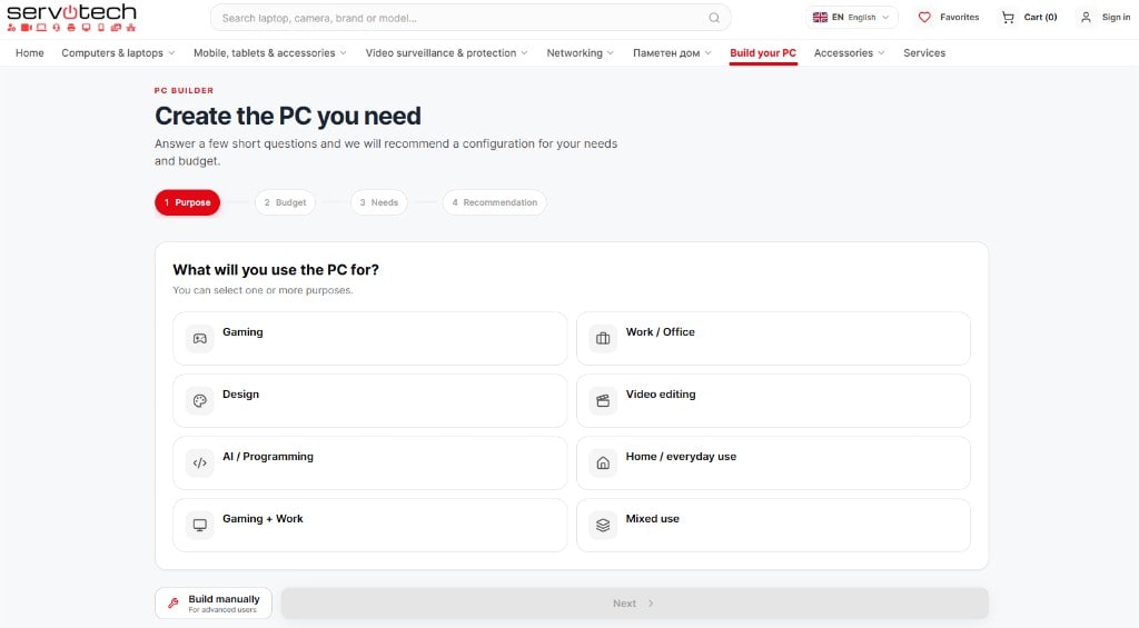 ServoTech PC Builder in English — guided computer configuration by purpose and budget